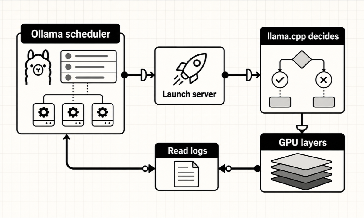 Ollama는 llama-server 하위 프로세스를 스케줄링하지만 기본 GPU 레이어 맞춤은 llama.cpp에 위임한다